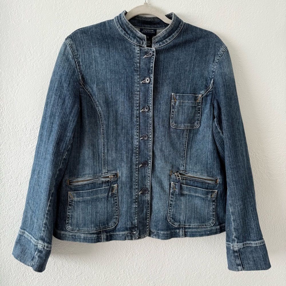 JONES NEW YORK Denim Jacket Blue Mandarin Collar Zip Pockets Women's Medium